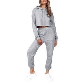 2 Piece Outfits for Women Crewneck Long Sleeve Crop Tops and Wide Leg Pants Sets (Color: Grey, size: XXL)