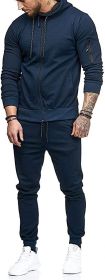 Men's 2 Pieces Tracksuits Running Jogging Athletic Casual Outfits Suit Solid Full Zip Sports Hooded Pants Sweatsuits (Color: NAVY, size: L)