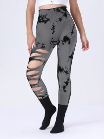 Butt Lifting Yoga Gym Athletic Pants, Hollow Out Tummy Control Sports Leggings Tie Dye Running Pants (Color: Grey, size: L)