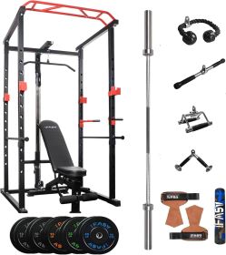 Multi-functional Power Cage,Home Adjustable Pullup Squat Rack 1000Lbs Capacity Comprehensive Fitness Barbell Rack (Color: Black-Red)