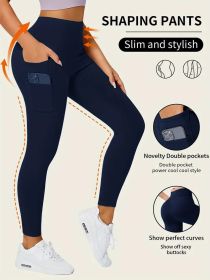 Solid Color Yoga Pants With Pocket, High Stretch Stretch Running Fitness Sports Leggings, Women's Activewear (Color: NAVY, size: XS)